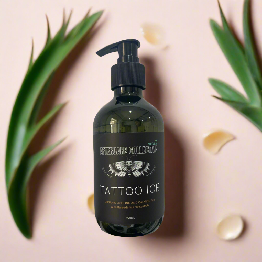 Tattoo Ice cooling gel with aloe Vera from aftercare collective soothes fresh tattoos reduce redness