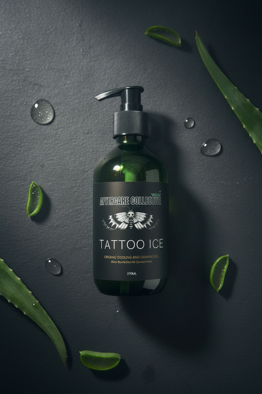Tattoo Ice cooling gel with aloe Vera from aftercare collective soothes fresh tattoos reduce redness