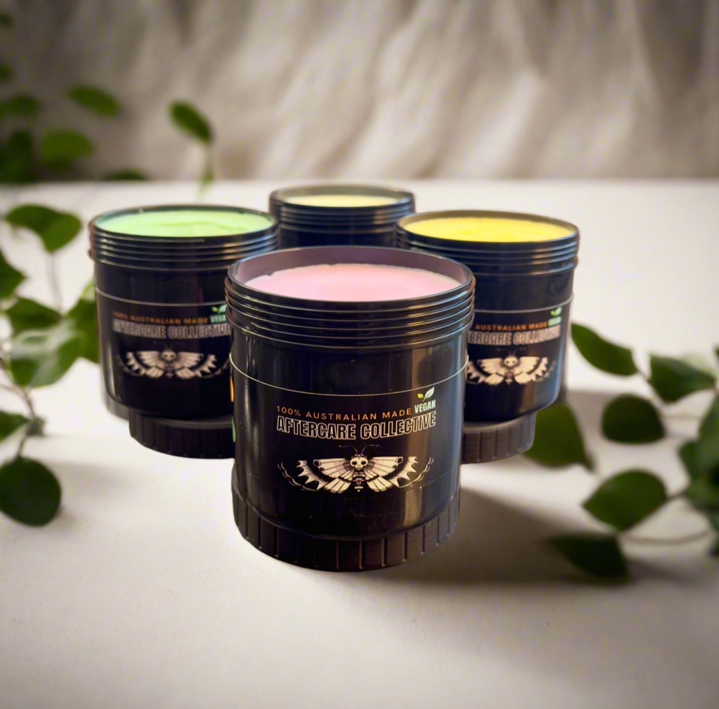 Tattoo glide 500gm bubblegum, original formula, smoothie bowl, marshmallow with arnica pain relief by aftercare collective