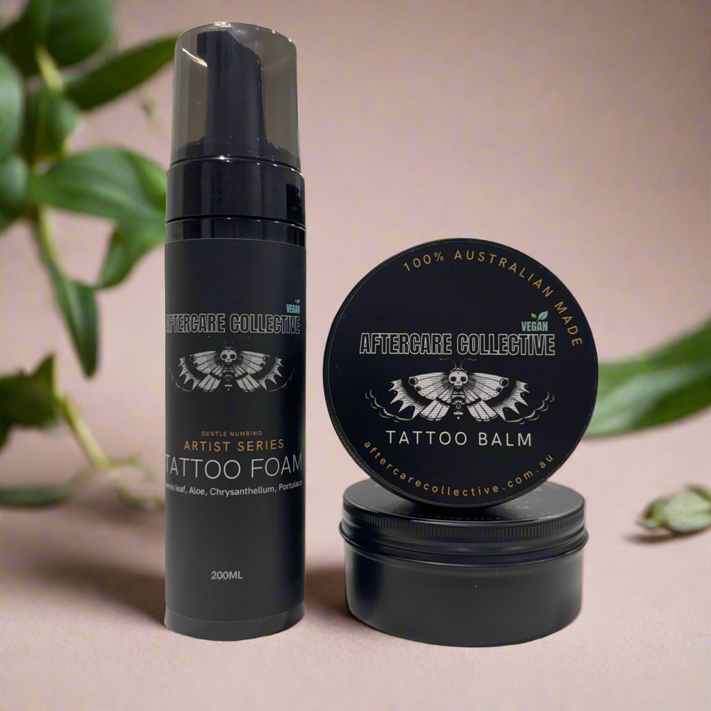 Artist tattoo glide and foam pack from aftercare collective original formula, bubblegum, smoothie bowl, marshmallow