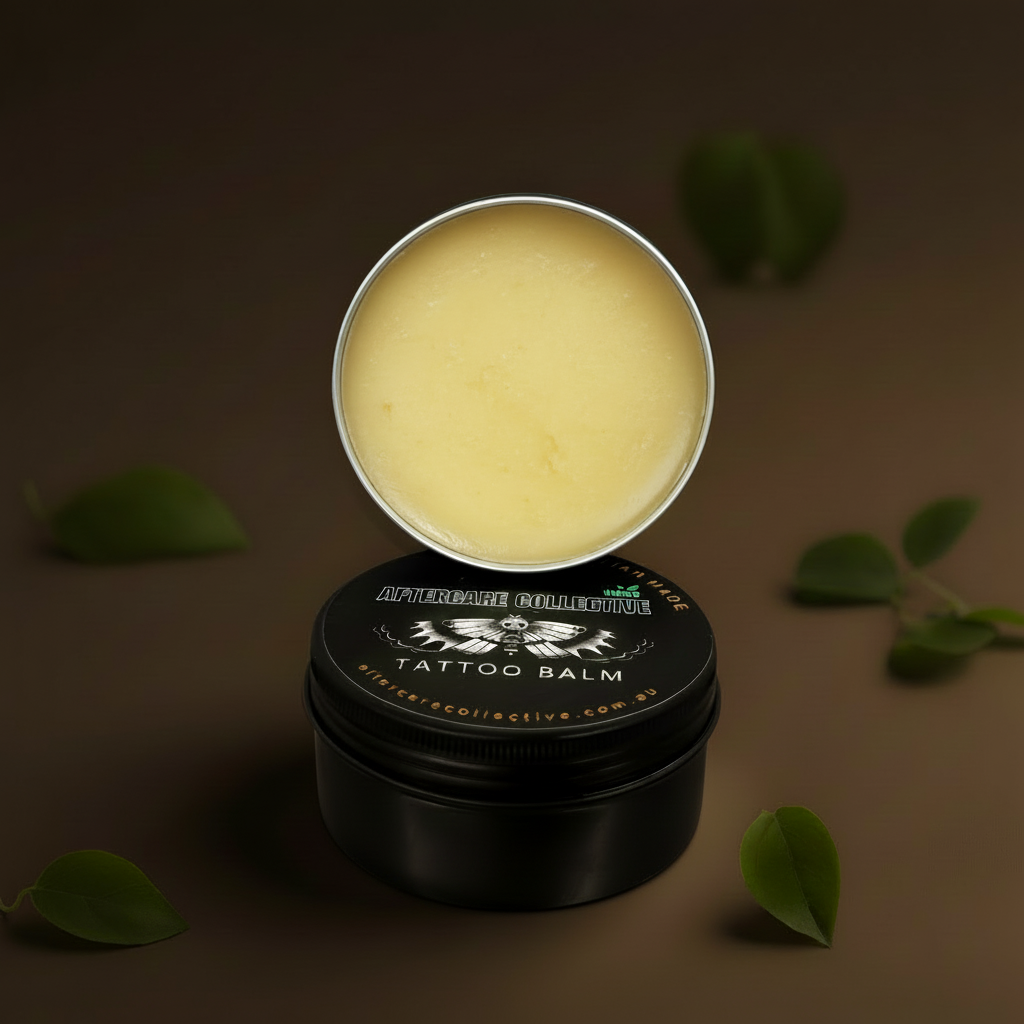 marshmallow Tattoo balm in a black container with a brown background