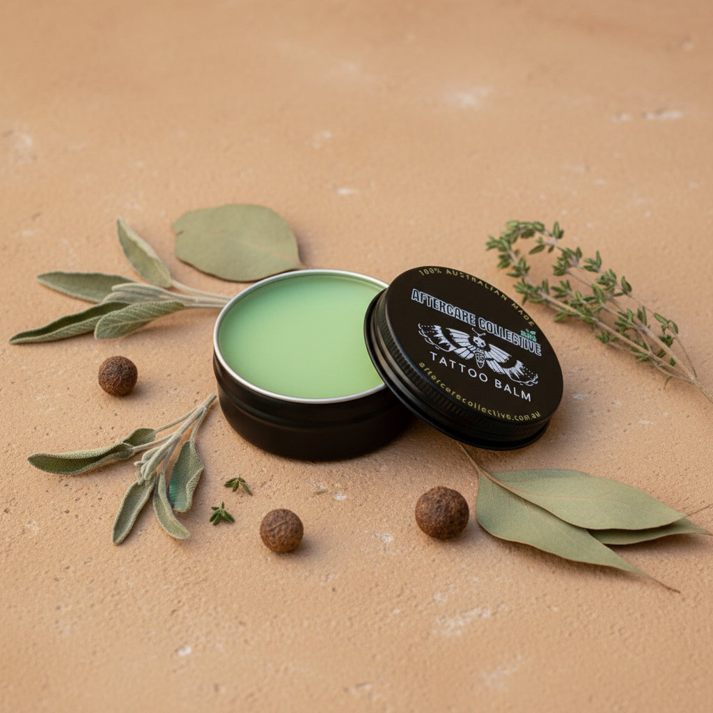 smoothie bowlTattoo balm in a black tin with leaves and berries on a beige background